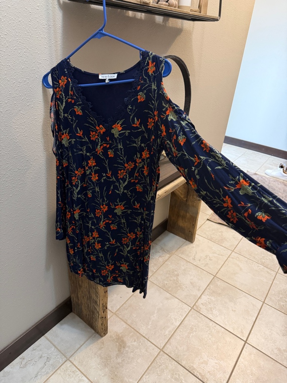 Navy Floral Cold-Shoulder Dress with Orange Flowers